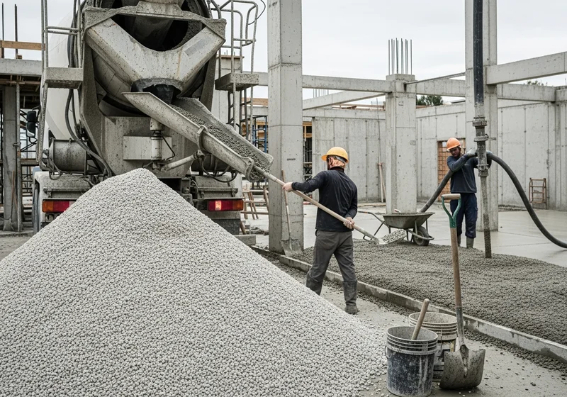 Pracownicy budowlani wylewający beton z gruszki do formy na terenie budowy.