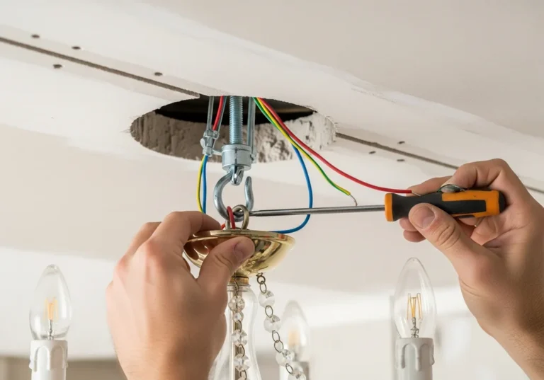 Elektryk montuje ciężki żyrandol w suficie podwieszanym, używając specjalistycznego haczyka z gwintem i narzędzi.