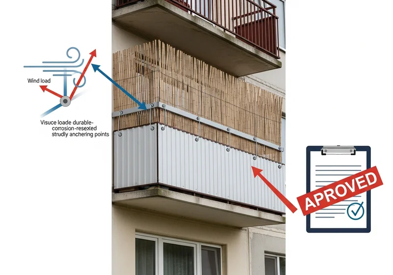 Balkon z osłoną lamelową i zaznaczonymi punktami kotwiczenia odpornymi na wiatr oraz ikoną zatwierdzenia przez administratora.
