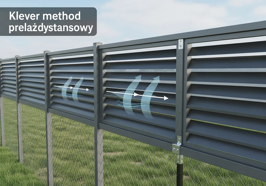 Płot lamelowy zamontowany na ogrodzeniu z siatki z widocznym stelażem dystansowym umożliwiającym przepływ powietrza.