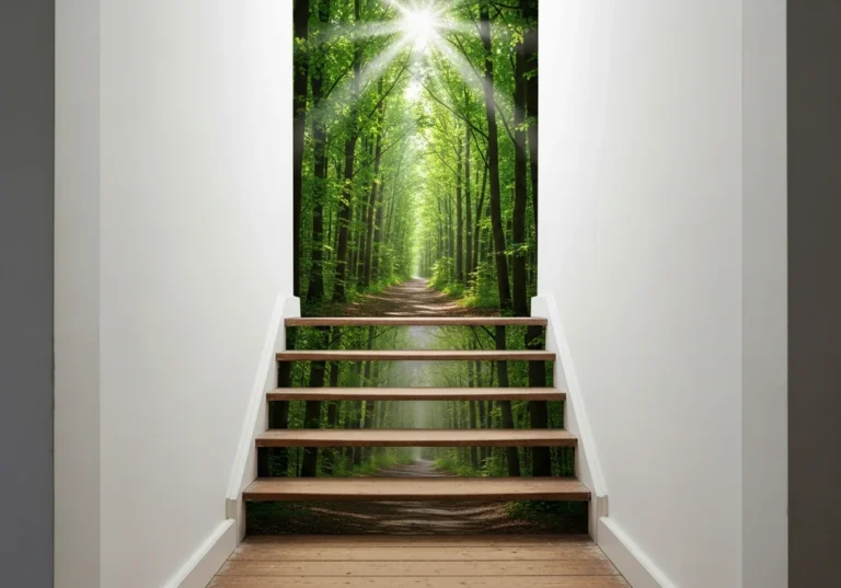 Schody z fototapetą 3D imitującą leśną ścieżkę w głębi, optycznie powiększającą wąską przestrzeń klatki schodowej.