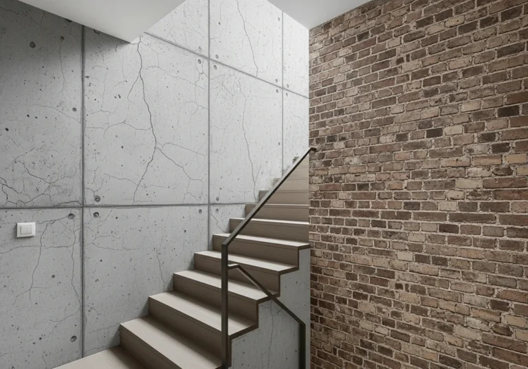 Nowoczesna klatka schodowa z tapetami imitującymi surowy beton oraz starą cegłę przy drewnianych schodach.