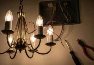 Żyrandol z wiszącymi przewodami i narzędzia przy otwartej puszce elektrycznej, ilustrujące problem z podłączeniem lampy.