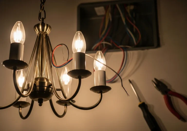 Żyrandol z wiszącymi przewodami i narzędzia przy otwartej puszce elektrycznej, ilustrujące problem z podłączeniem lampy.