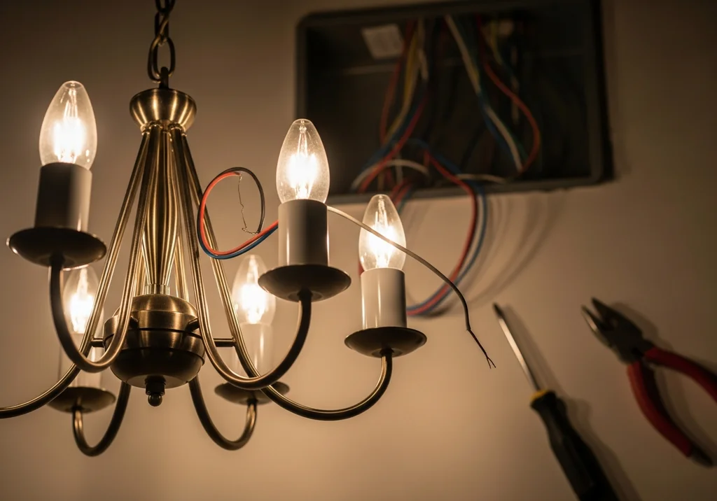 Żyrandol z wiszącymi przewodami i narzędzia przy otwartej puszce elektrycznej, ilustrujące problem z podłączeniem lampy.