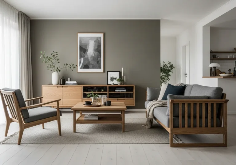 Salon w stylu Japandi: szara sofa i fotel o drewnianej konstrukcji, niski stolik kawowy oraz komoda na tle ściany w kolorze taupe.