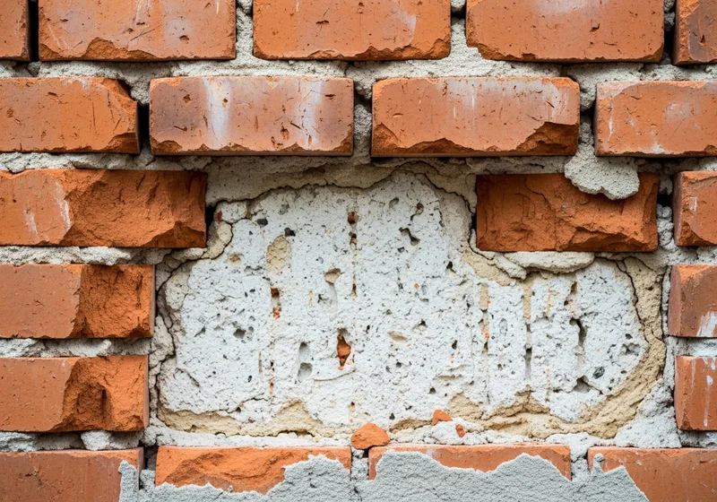 Fragment ściany z odpadającymi cegłami odsłaniającymi surowe, porowate podłoże budowlane.