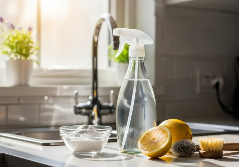 Składniki do domowych środków czystości: soda oczyszczona, cytryny, szczotka do czyszczenia i spray w zlewozmywaku kuchennym.