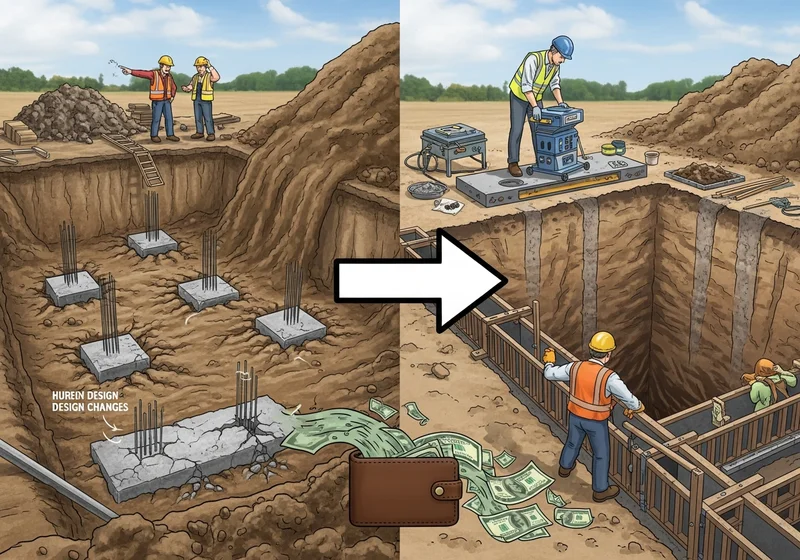 Kosztowne zmiany projektu fundamentów wynikające z braku badań geotechnicznych przed rozpoczęciem prac budowlanych.