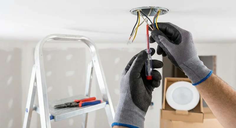 Dłonie w rękawicach sprawdzają próbówką napięcie w przewodach elektrycznych w suficie.