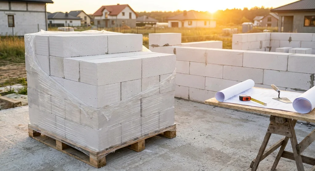 Paleta z białymi bloczkami z betonu komórkowego na budowie, obok stół roboczy z narzędziami i planami.