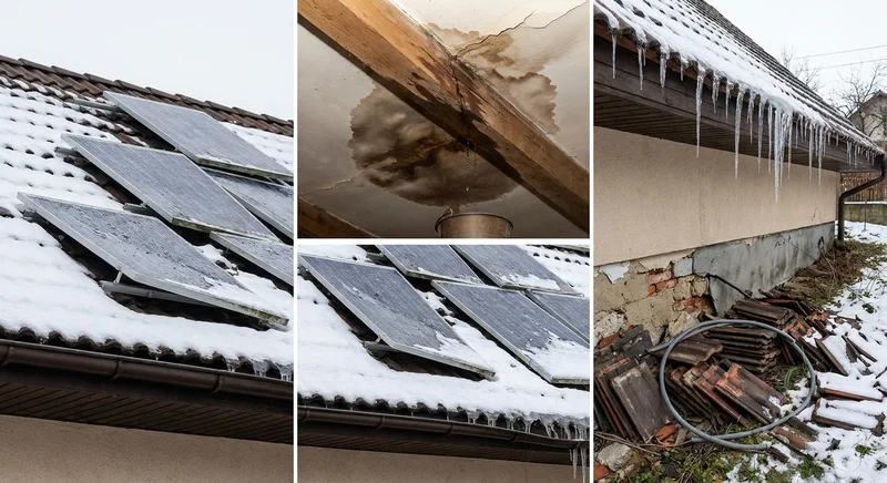 Uszkodzenia dachu po montażu fotowoltaiki: ośnieżone panele, przeciekający sufit i sterta dachówek.