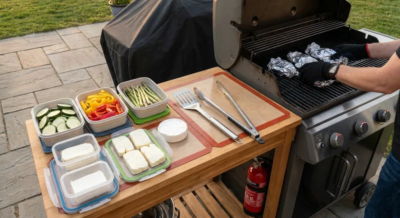 Pokrojone warzywa i sery w pojemnikach obok grilla, na którym układane są potrawy w folii aluminiowej.