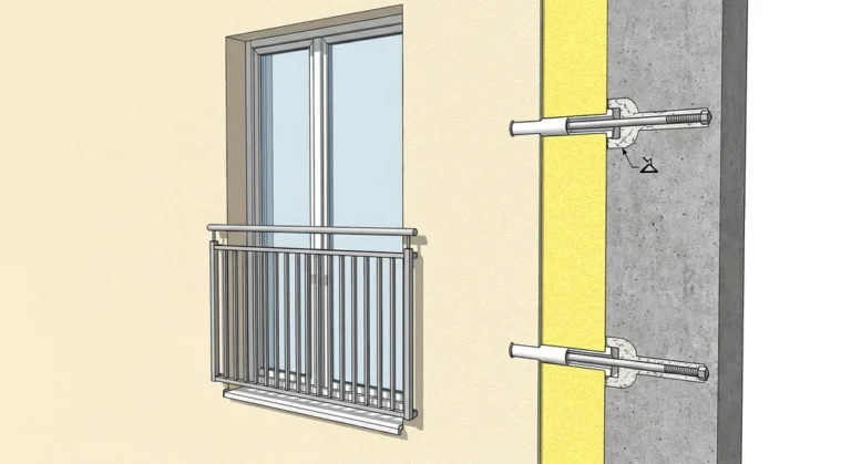 Balkon francuski oraz przekrój ściany z montażem balustrady za pomocą tulei dystansowej i kotwy chemicznej.