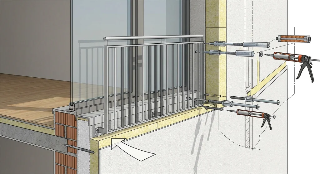 Schemat montażu balustrady balkonu francuskiego na ocieplonej ścianie przy użyciu kotew chemicznych i tulei dystansowych.