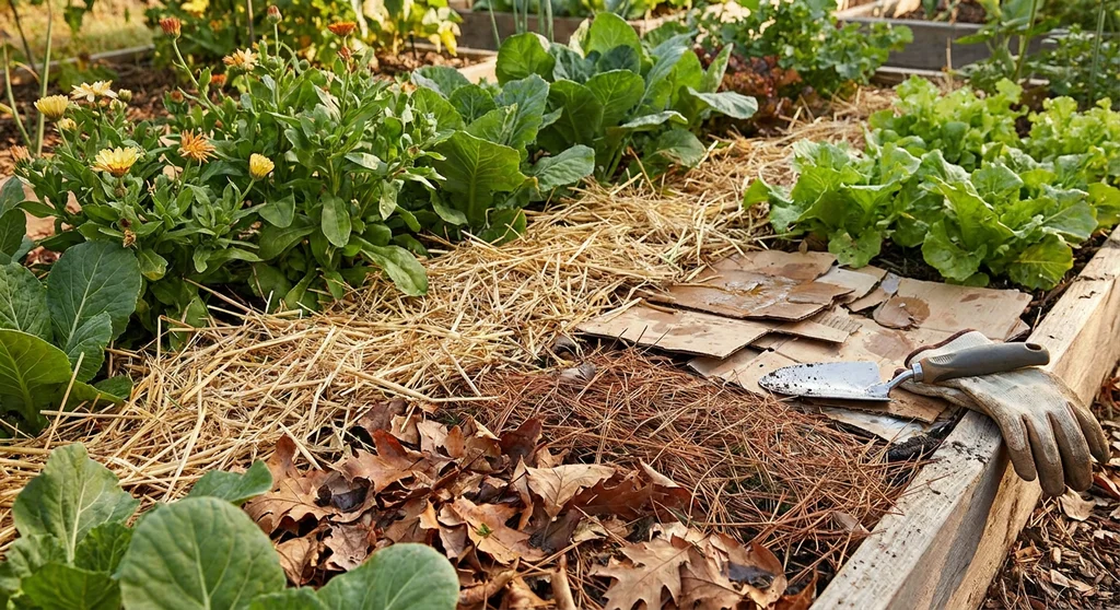Podwyższona grządka wyściółkowana słomą, suchymi liśćmi, igliwiem i kartonem.