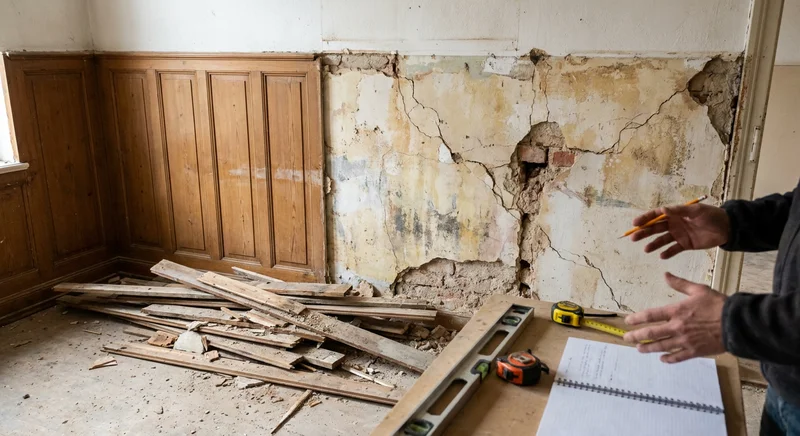 Popękana ściana z ubytkami tynku po zerwaniu starej boazerii, której deski leżą obok na podłodze.