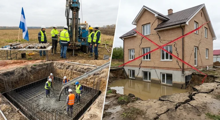 Prace geotechniczne i prawidłowe fundamentowanie kontra pękający, zalany dom na osuwającym się, niestabilnym gruncie.