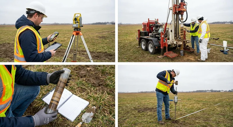 Etapy badań geotechnicznych gruntu w terenie: pomiary, wiercenia geologiczne, sondowanie oraz pobieranie próbek do analizy.