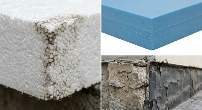 Styropian EPS z kroplami wody, niebieska płyta XPS oraz zniszczona przez wilgoć ściana fundamentowa.