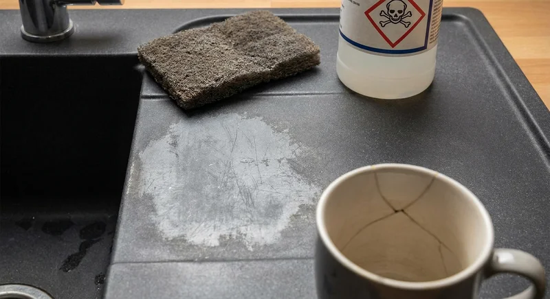 Szare odbarwienie i głębokie rysy na czarnym zlewie, obok ostry druciak kuchenny oraz butelka z silną chemią.