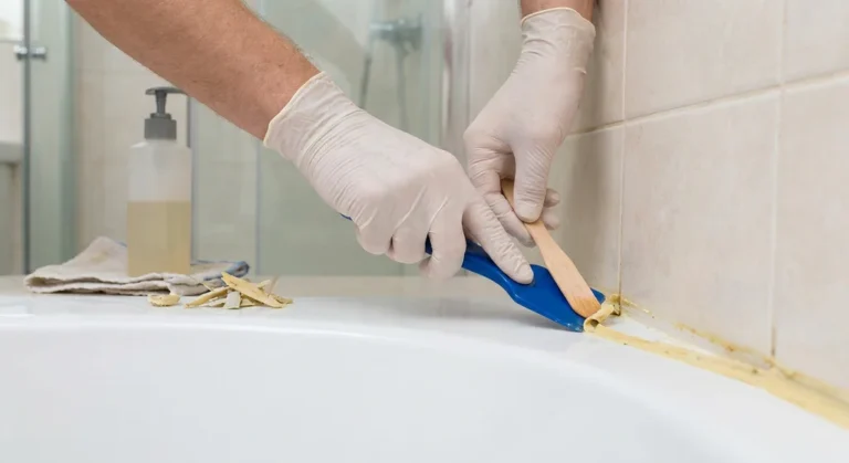 Usuwanie starego silikonu przy wannie za pomocą plastikowego skrobaka i drewnianej szpatułki.
