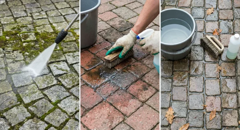 Czyszczenie kostki brukowej: mycie ciśnieniowe, szorowanie szczotką i akcesoria do usuwania brudu.