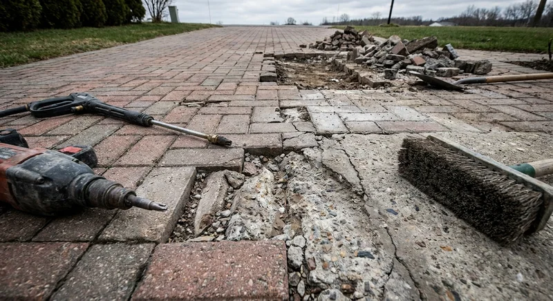 Uszkodzony podjazd z zerwaną kostką brukową oraz leżące obok narzędzia: ciężki młot udarowy, myjka i szczotka.