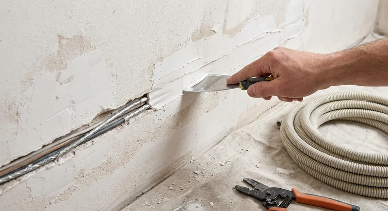 Dłoń szpachluje bruzdę z kablami elektrycznymi w ścianie. Obok leży zwinięty peszel.