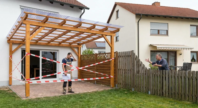 Sąsiad kłóci się z robotnikiem przy nowym zadaszeniu tarasu, które otaśmowano biało-czerwoną taśmą ostrzegawczą.