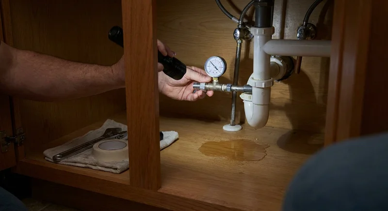 Kontrola instalacji pod zlewem przy użyciu latarki i manometru; na dnie szafki widoczna plama wody.