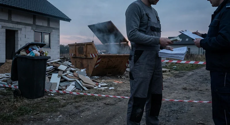 Inspektor wypisuje mandat robotnikowi na placu budowy obok dymiącego kontenera i sterty odpadów.