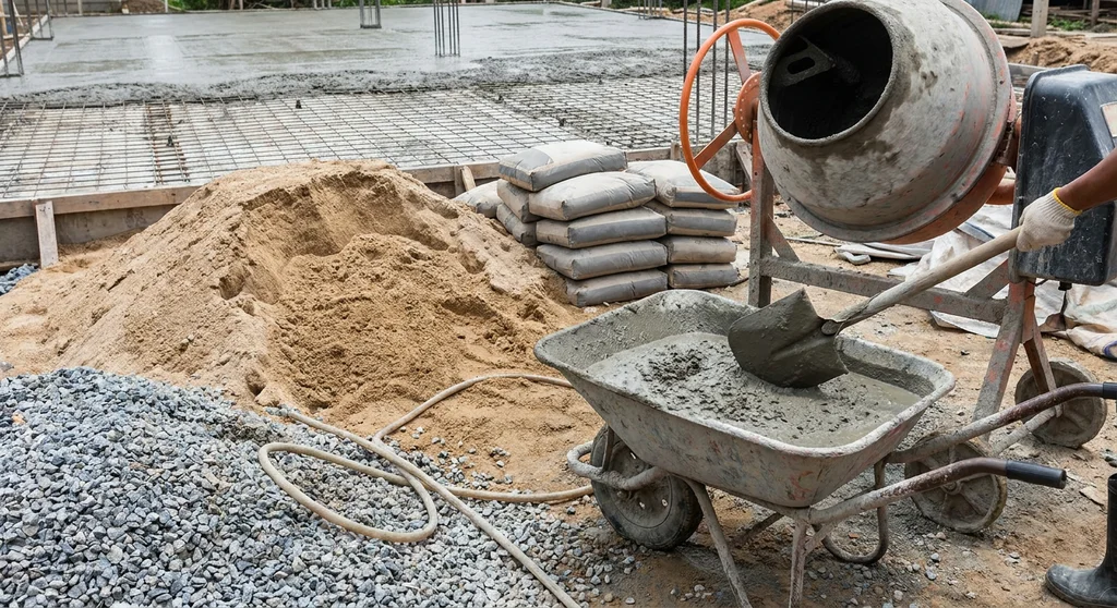 Betoniarka, taczka z gotowym betonem, pryzmy piasku i żwiru oraz worki cementu na placu budowy.