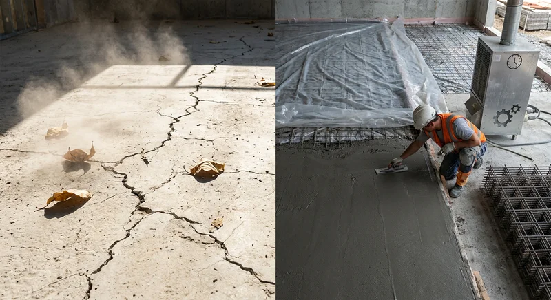 Popękana wylewka betonowa obok pracownika budowlanego starannie wygładzającego pacą świeży beton.