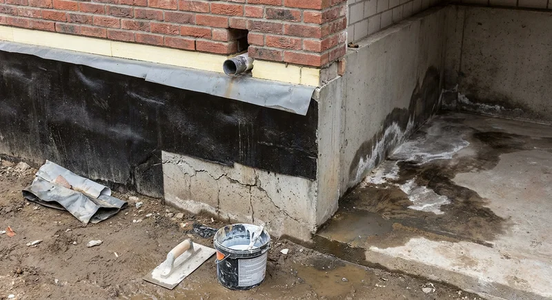 Popękany fundament z wadliwą izolacją oraz plamy wilgoci i białe wykwity na sąsiadującej betonowej wylewce.