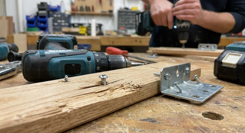 Zerwany wkręt w pękniętej desce oraz wadliwie zamocowany metalowy łącznik na tle elektronarzędzi.