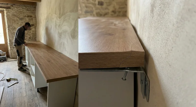 Pęknięcie na krawędzi laminowanego blatu kuchennego spowodowane zbyt mocnym dokręceniem do nierównej ściany.