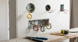 Instalacja elektryczna w ścianie z płyt gipsowo-kartonowych: widoczne puszki montażowe z wyprowadzonymi kablami.