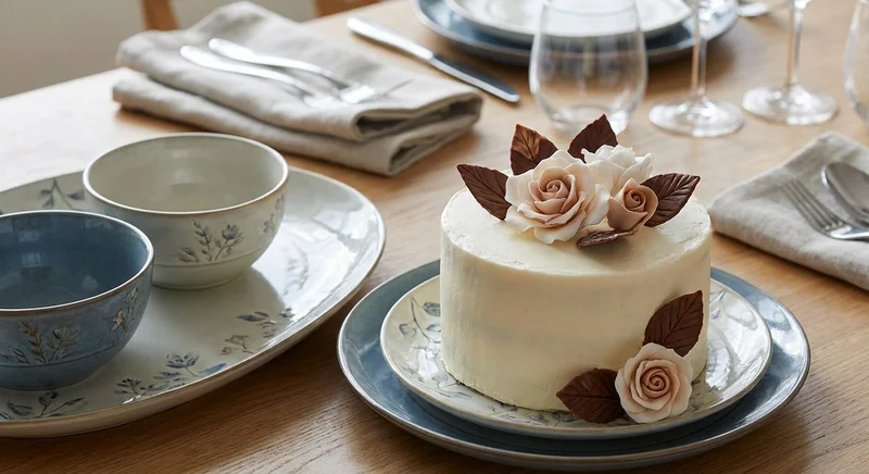 Tort z kremem ozdobiony jadalnymi różami i listkami z czekolady, spójny z elegancką ceramiką na nakrytym stole.