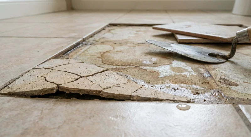 Skute płytki ceramiczne odsłaniające popękane, wilgotne podłoże z leżącą obok kielnią.