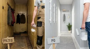 Metamorfoza przedpokoju: po lewej ciemna boazeria przed remontem, po prawej jasnoszara, pomalowana boazeria po zmianach.