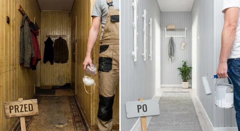 Metamorfoza przedpokoju: po lewej ciemna boazeria przed remontem, po prawej jasnoszara, pomalowana boazeria po zmianach.
