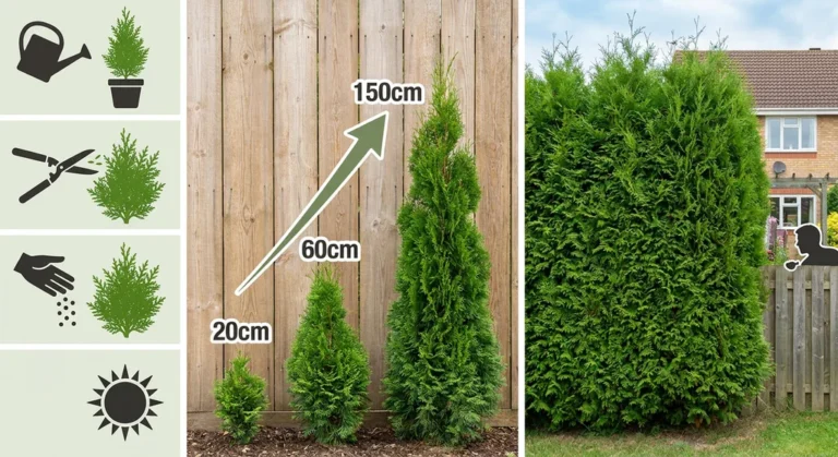 Grafika pokazująca etapy wzrostu tui od 20 do 150 cm, ikony pielęgnacji oraz dorosły, gęsty żywopłot dający prywatność.