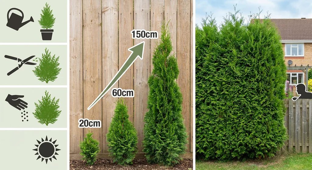 Grafika pokazująca etapy wzrostu tui od 20 do 150 cm, ikony pielęgnacji oraz dorosły, gęsty żywopłot dający prywatność.