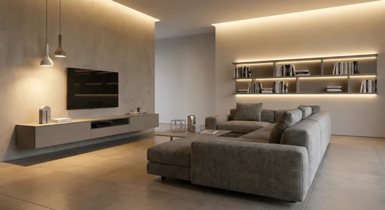Nowoczesny minimalistyczny salon z wiszącą szafką RTV, szarą sofą i ciepłym oświetleniem strefowym LED.
