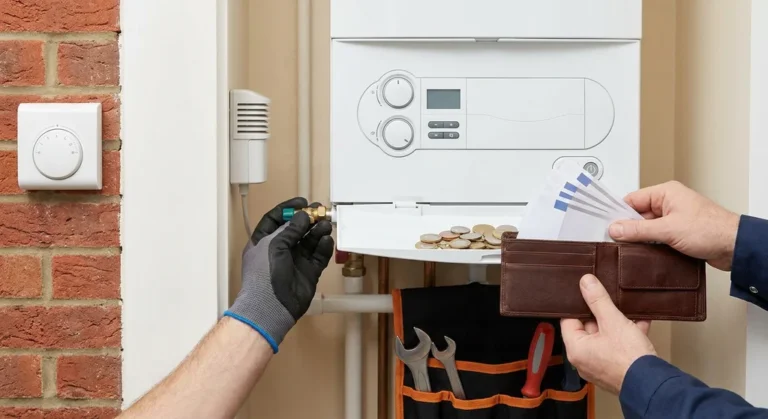 Instalator regulujący kocioł gazowy obok portfela z pieniędzmi, co symbolizuje oszczędności na ogrzewaniu.