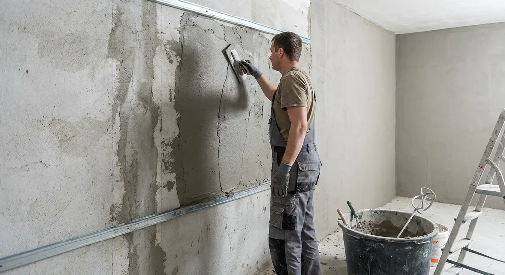 Tynkarz nakłada pacą zaprawę na ścianę pomiędzy metalowymi listwami prowadzącymi.
