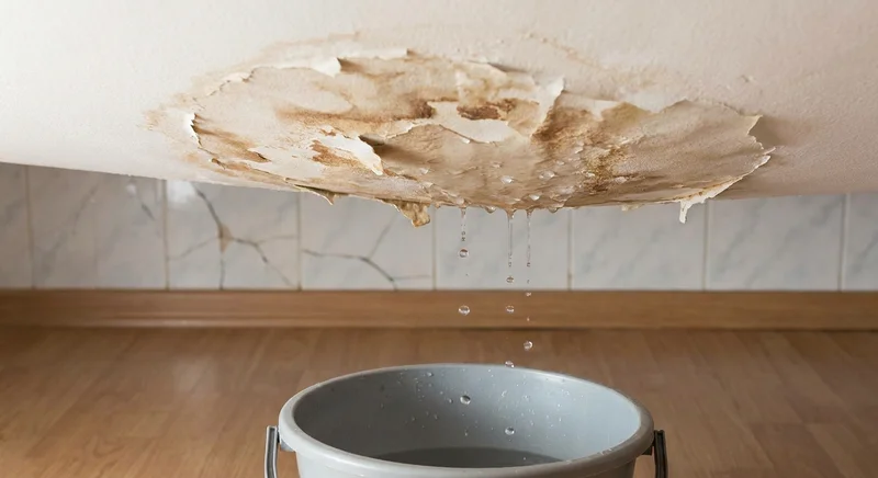 Woda kapiąca z dużego zacieku na suficie do podstawionego na podłodze wiadra.