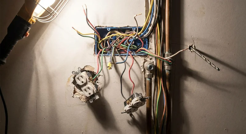 Niebezpieczna instalacja elektryczna: splątane kable w puszce, wiszące gniazdka i przewody obok rur.