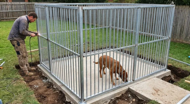 Mężczyzna montuje solidny kojec ze stalowych profili na betonowym podłożu, w którym znajduje się pies.